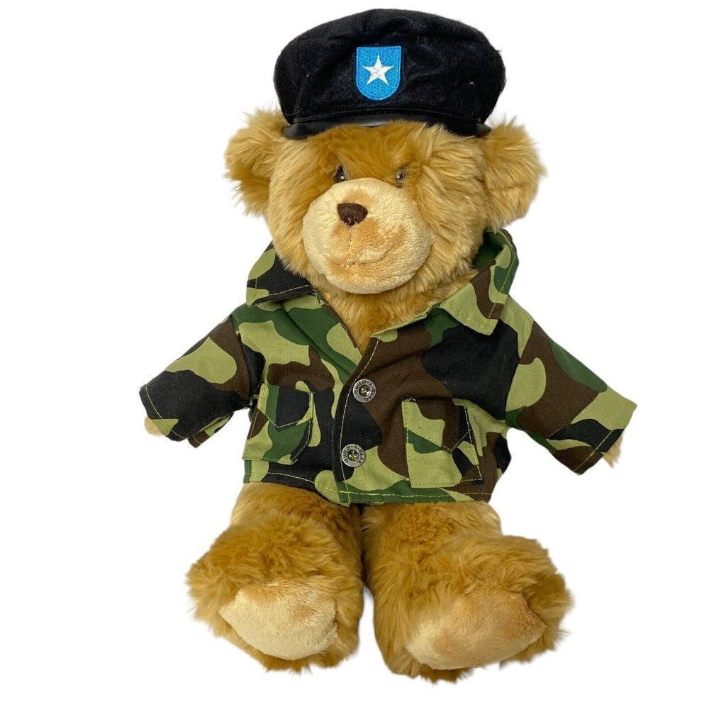 Brown Build a Bear With Green Camo Army Military Shirt And Hat Fluffy Plush
